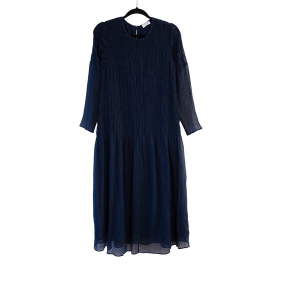 AYR Something Special Dress Navy Blue Silk Cotton Midi Smocked Drop Waist SZ S - Picture 2 of 7